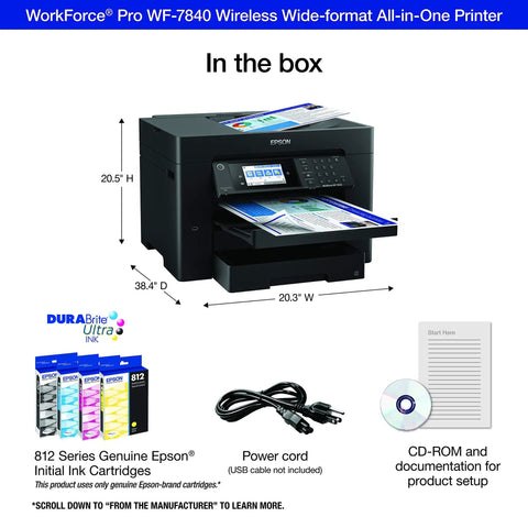 Wide-Format All-In-One Printer With Wireless Printing Up To 13 By 19 Inches, Copy Scan And Fax, 50-Page ADF, 500-Sheet Paper Capacity, And 4.3-Inch Color Touch Screen For Home Office And Creative Projects with included accessories.