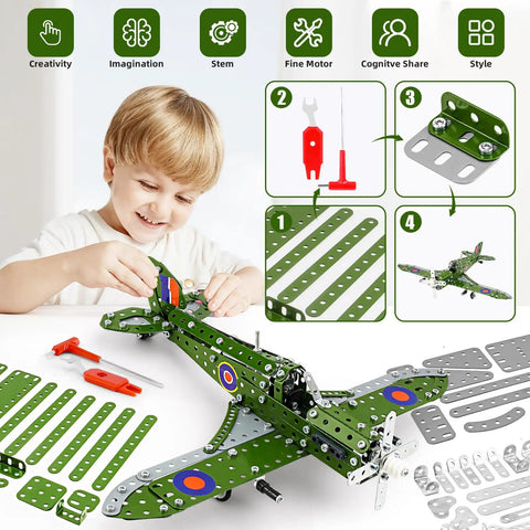Child assembling Metal 1 To 32 Scale Fighter Airplane Kit With 331 Parts 13 Inch Long DIY STEM Model For Kids Aged 8 To 12