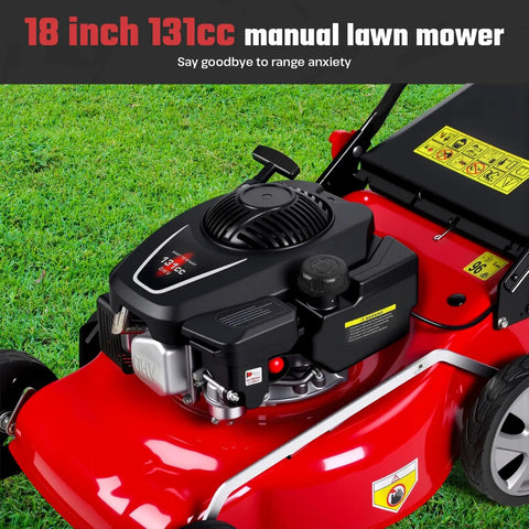 131cc Gas Lawn Mower That Is Self Propelled With Rear Wheel Drive 18 Inch Cutting Width 50L Grass Bag 3 In 1 Mulching Side Discharge Rear Bagging Lightweight Push Button Start Mower Built For Thick Slopes Red, red gas mower engine close-up