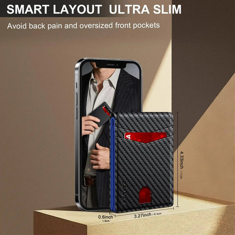Front view of Slim RFID Blocking Leather Card Holder Wallet For Men With 14 Card Capacity Bifold Minimalist Wallet displayed next to a phone.