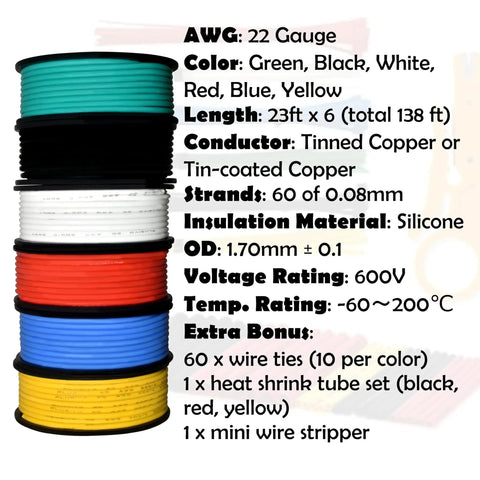 22 Gauge Stranded Wire Kit With Silicone Coated Copper Wires 23 Ft Per Spool Six Color Coded Set Black Red Yellow Green Blue White
