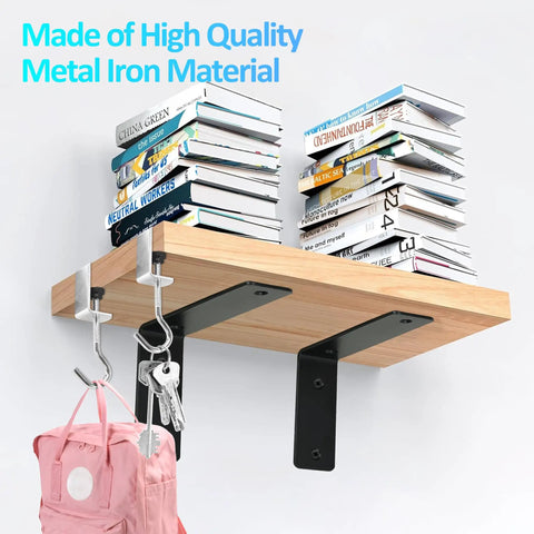 Badass Heavy Duty Black L Brackets For Floating Shelves holding a wooden shelf with stacked books and hooks for keys, 5 X 4 Inch.