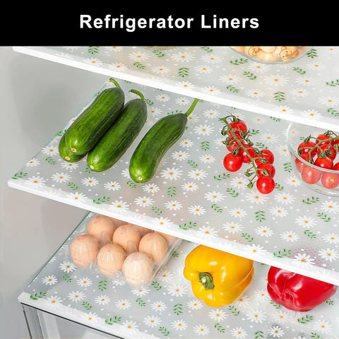 Non Adhesive Eva Shelf Liner Kitchen Cabinet And Drawer Protector Easy Cut Length Self Adjusting No Slip Cushion Mat Organizers Clean Home Essentials total storage game changer closets dressers showcases fresh vegetables and eggs organized on daisy patterned refrigerator liner.