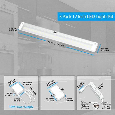 Hand Wave Activated Under Cabinet LED Lighting Kit with 12-in bar size, 3-bar set showing dimensions and components.