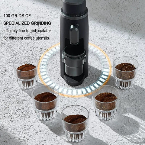 Hella Sharp 48Mm Conical Burr Electric Coffee Grinder With Stepless Knobs And Single Dose Catch Cup, showcasing ground coffee in clear cups.