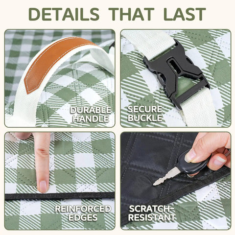 Close-up of Waterproof Picnic Blanket For Outdoor Adventures Extra Large 80x80 Inch Beach Mat Rug with handle, buckle, edges, and material.