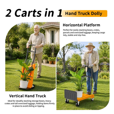 Folding Hand Truck Dolly And Platform Cart For Heavy Loads Up To 330 Lbs With Telescoping Handle And 2 Level Adjustable Height From 28.98 To 37.08 Inches, Easy Fold Flat Storage For Moving Boxes Cans And Gear, 2 carts in 1