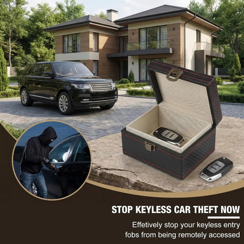 Faraday Key Fob Box For Car Keys open on a stone surface, vehicle and house in background, prevents signal hacking and theft.