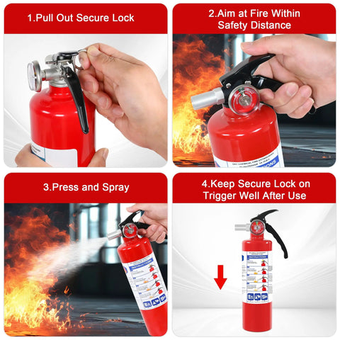 Solid Gear 2 Pack ABC Dry Chemical Fire Extinguisher 2.5 Lb being used, demonstrating safety steps for effective fire suppression.
