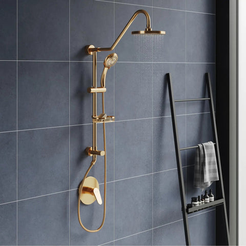 TruTemp Pressure Balance Valve with Brushed Gold Trim Kit, shower system installed in modern bathroom setting