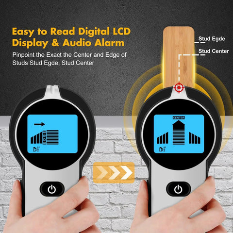Digital Stud Finder And Wall Scanner With Hd Lcd Display And Loud Audio Alert showing edge and center detection on wooden stud.