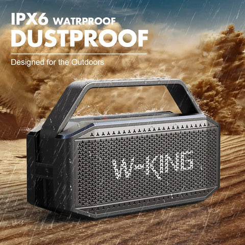 Beast Bluetooth Speaker for Outdoors 100W Peak Power IPX6 Waterproof Boombox in rain showcasing durability.
