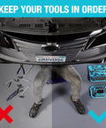 Split image showing disorganized tools on the left and organized tools in a 2-Piece Silicone Tool Tray Set on the right under a car bumper.