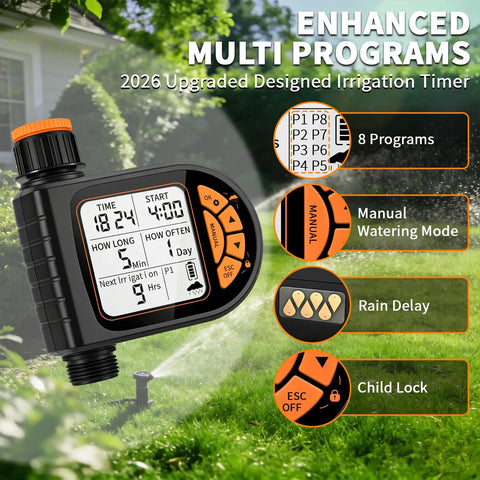Plug And Play Programmable Sprinkler Timer For Garden Hose With Rain Delay And Manual Watering Child Lock Outdoor Weatherproof Automatic Irrigation System, showing LCD and features