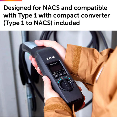 Electric Vehicle Charger Test Adapter With NACS Plug And Type 1 Converter for safe easy plug and play testing held in hand
