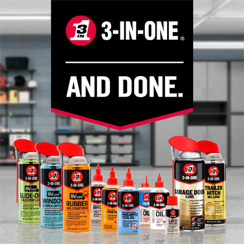 Assorted 3-in-One lubricant products including Go To All Purpose Lubricant Oil 3 Oz Squeeze Bottle Pack Of 2 on a workshop shelf