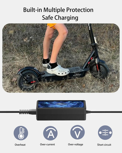 36V Ebike Charger For Vivi Spa Series 42V 2A Replacement No Fuss Plug In with safety icons and scooter in background