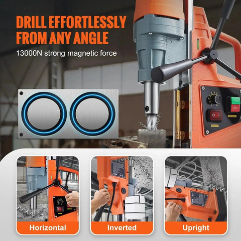 Heavy Duty 1550W Magnetic Drill Press With Two Inch Boring Diameter And Thirteen Thousand Newton Holding Force, operating in horizontal position.