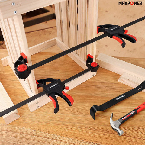 Heavy Duty Woodworking Bar Clamp Set, 12 Inch Two Pack And 6 Inch Two Pack, One Hand Quick Release Clamps on wood project