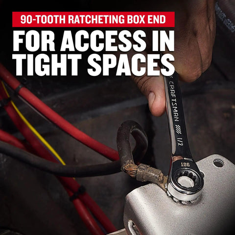 Shop Grade Twenty Piece Ratchet Wrench Set With Slick Chrome Plating And Big Bold Numbers Features Ninety Tooth Gears And Four Degree Swing For Cramped Underhood Jobs Sae Metric Combo Wrenches In Rock Solid Carry Case, showing a hand using a 90-tooth ratcheting box end wrench in a tight space.