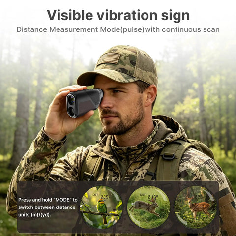 Golf Rangefinder With Slope Compensation And 1200 Yard Range, Compact Leather Exterior Device Packing 6X Magnification in use outdoors.