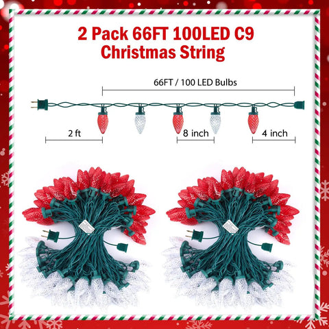 2 Pack 66FT 100LED C9 Christmas String Lights with red and clear bulbs on green wire shown with measurement details.
