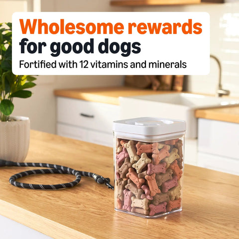 Premium Crunchy Multi Flavor Dog Biscuits Baked In Usa For Your Favorite Furbaby in a clear container on a wooden kitchen table.
