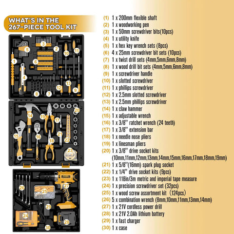 300 Piece Home And Auto Repair Tool Kit With Handy Hand Tools, Precision Screwdrivers, Wire Strippers, Metric Hex Keys And Portable Tool Box For DIYers, Men And Women neatly arranged in case