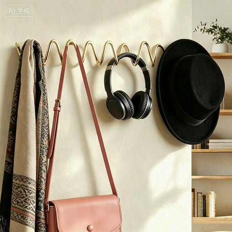 Heavy Duty Gold Wall Mounted Coat Rack With Sculpted Wavy Hooks Hanging Coats Hats Bags And Umbrellas Zero Clutter Bedroom Decor For Living Rooms And Bathrooms Top Shelf Build with bags and headphones.