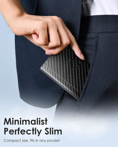 Person placing RFID Blocking Wallet For Men With Pop Up Card Holder And Trifold Slim Design in front pocket.