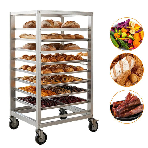 Heavy Duty 9 Tier Commercial Cooling Rack With Smooth Roll Locking Casters, Solid Aluminum Build, holds bakery items and snacks.