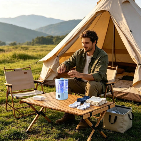 A man using a solid mini portable washing machine with three speed gears for effortless underwear and sock cleaning outdoors.