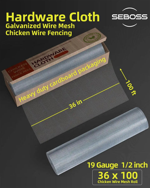 Rugged Heavy-Duty Half Inch Hardware Cloth Roll 36x100 Ft, 19 Gauge, Hot Dip Galvanized After Welding displayed with packaging