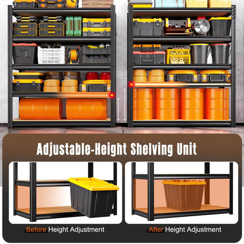 Heavy Duty Garage Shelving Rack Built Like A Tank With Thick Steel Uprights And Durable Boards Adjustable Storage Organizer For Basement Warehouse Kitchen Pantry Black 4600 Lbs Total Capacity showing adjustable-height feature with bins.