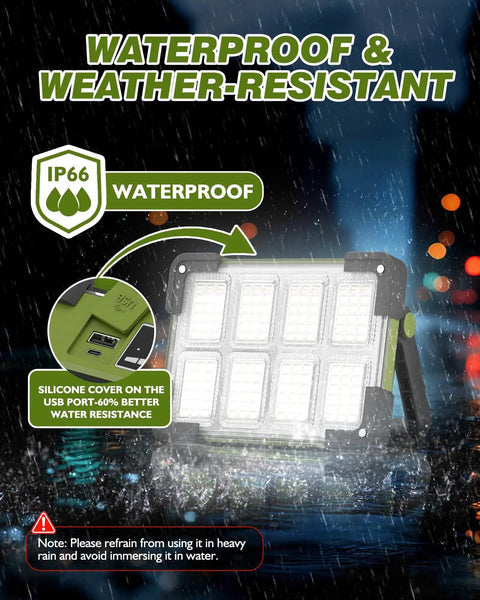 Go-To Solar Rechargeable Work Light With Stand, 120W Flood Light, 144 LED, IP66 waterproof feature shown in rain.
