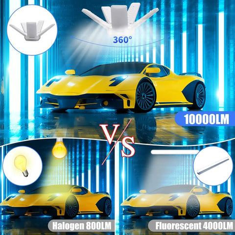 Ultra Bright LED Garage Lights 4 Pack With 100W Power, 10000 Lumens, 6500K Daylight compared with halogen and fluorescent lights