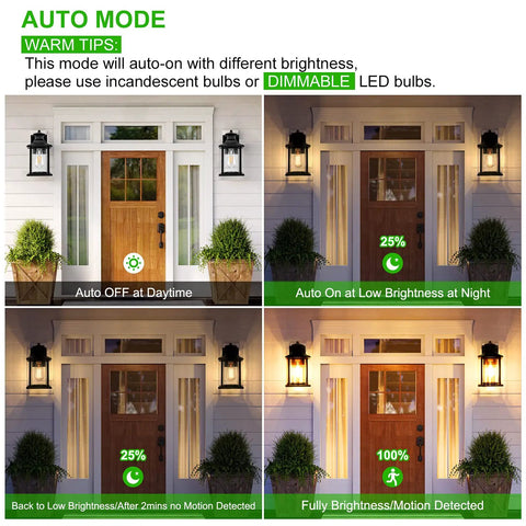 Auto mode illustration of Two Pack Motion Sensor Outdoor Wall Lanterns With Dusk To Dawn Photocell, showcasing brightness levels.