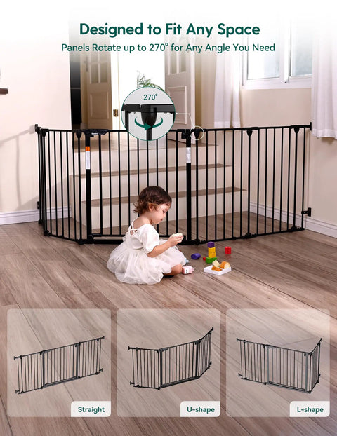 Child playing near Auto Close Baby Gate For Narrow Doorways And Stairs, 30 Inch High, Fits 26 To 28.5 Inch Openings, Gray Metal Gate