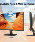 24 Inch Full HD 100Hz Monitor With HDMI And VGA Ports HDR10 FreeSync Low Blue Light Anti Glare Eye Care Ultra Slim VESA Mount Ergonomic Tilt 5 Degrees To 22 Degrees Game Ready For Home Office And Gaming Cable Included, front and side view with tilt angle.