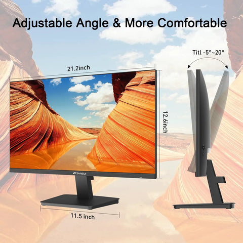 24 Inch Full HD 100Hz Monitor With HDMI And VGA Ports HDR10 FreeSync Low Blue Light Anti Glare Eye Care Ultra Slim VESA Mount Ergonomic Tilt 5 Degrees To 22 Degrees Game Ready For Home Office And Gaming Cable Included, front and side view with tilt angle.