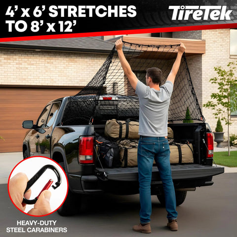 Pro Grade Bungee Cargo Net Rock Hard 5Mm Latex Core 4X6 To 8X12 Double Stretch Mesh Grid with gear in pickup truck bed.