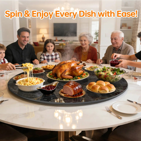 Smooth Operator 35.5 Inch Lazy Susan Turntable With Grip Tight Non Slip Base Heavy Duty Silent Spin serving a family meal.