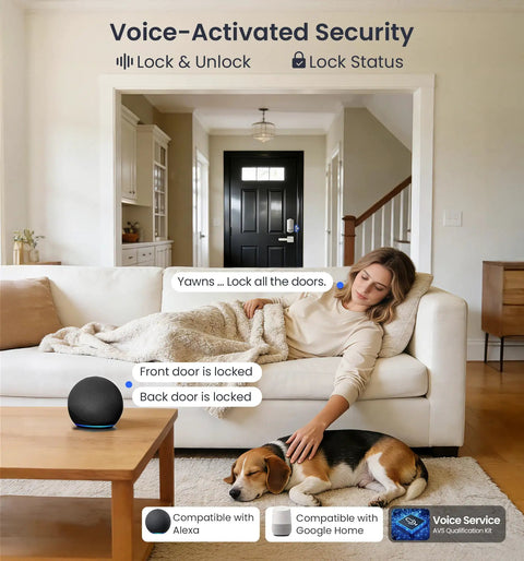 Smart Home Keyless Entry Digital Door Lock With Fingerprint Deadbolt And Handle Set App Remote Hub Free Wifi Security, woman relaxing at home.