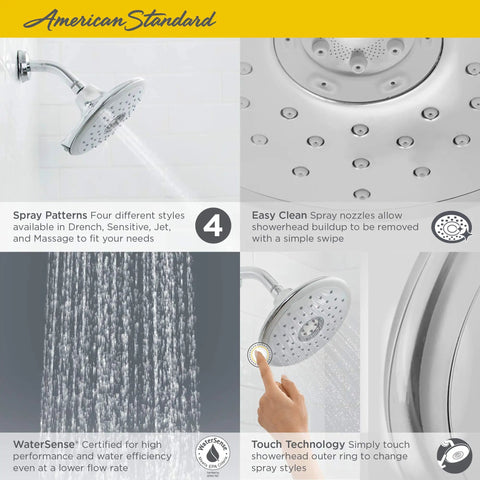 Spectra Touch 4-Function Shower Head With Easy Clean Nozzles, 1.8 GPM Polished Nickel, tap to switch between patterns, diagram