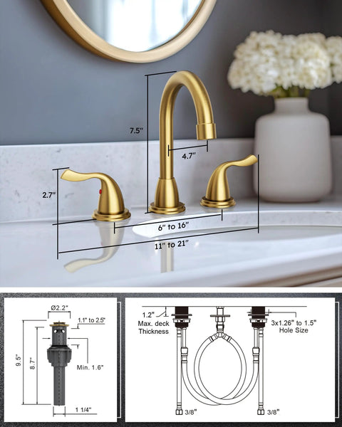 Dope Brushed Gold 8 Inch Widespread Bathroom Faucet With Two Handles And Drain Assembly For 3 Hole Sinks Mid Century Modern Style Durable Brass Construction Easy Installation And Water Saving Design shown with dimensions and design features.