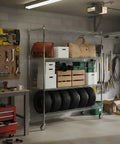 Heavy Duty 5-Tier Wire Storage Rack On Wheels, Tool-Free Assembly with tools and storage items in garage setting