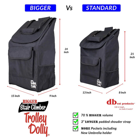 Comparison of Bigger and Standard bags for Stair Climber Trolley Dolly With 6 Wheel Glide, showcasing size and features differences.