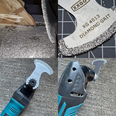 Four Pack Diamond Grout Removal Blades For One-Eighth Inch Grout Lines, Oscillating Tool Compatible, shown in use and detail.