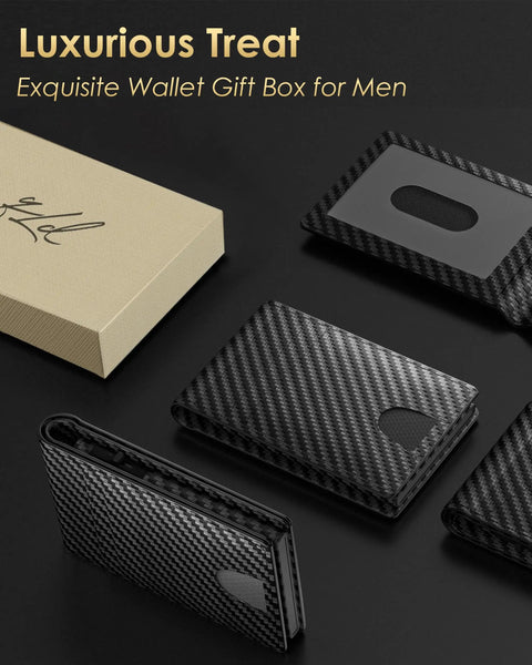 Slim RFID Blocking Wallet For Men With Pop Up Card Holder, Metal Shell, Bifold Minimalist Card Case, Carbon Fiber Finish, Gift Boxed