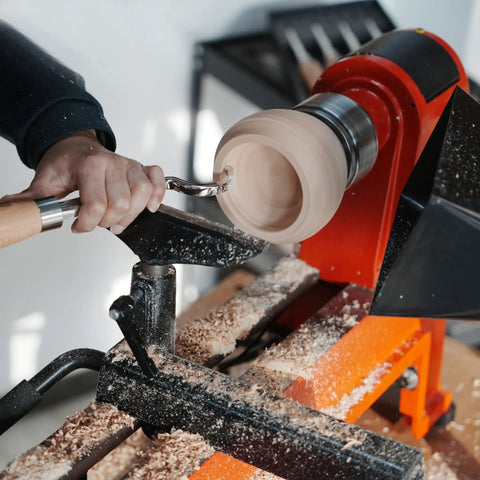 Hollowing Tool For Woodturning With Carbide Tipped Round Blade Large Curved Cutter Beech Handle in action on wood lathe